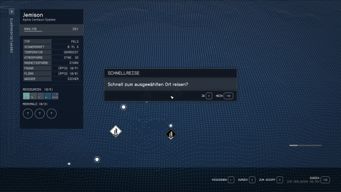 Auf Planetenoberflächen kommen wir über die Bodenkarte besonders flott zum Ziel - wenn wir schon mal da waren. (Bild: Bethesda/Screenshot: Golem.de)